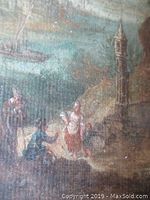 Close-up of canvas showing figures, tower and bay