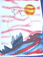 Front view of the original acrylic painting showing the eagle outline, howling wolves shapes, sun, and red streaks on white paper.