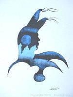 Full view of original acrylic painting in black and blue tones on thick white paper.