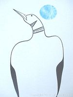 Close-up of stylized loon with blue full moon above on white paper