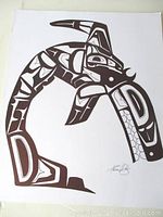 Full view of unframed original Haida ink art on white art board depicting a stylized killer whale with signature on front.