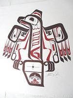 Haida ink artwork on white construction board showing stylized eagle design with signature visible at bottom right.