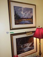 Both framed paintings hung on wall with floor lamp to right