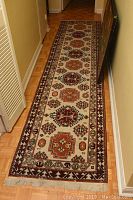 Full view of the runner rug laid out in a hallway showing overall pattern and size.