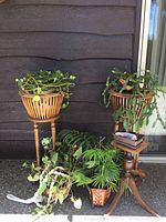 Two oak plant stands with slatted baskets holding trailing green plants next to multiple potted plants on the ground, outside on a patio.
