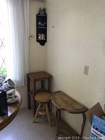 Wide view of all furniture items including two tables, stool, and corner shelf showing placement and scale