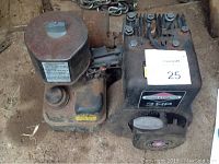 Side view of the 3HP Briggs & Stratton motor showing the air filter, pull-start, and fuel tank with stuck cap.