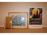 Overview of the three items together - signed Steven Klein print, signed 2013 US Open poster, and framed mirror