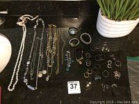 Full display of all costume jewelry items including necklaces, watches, bracelets and earrings laid out on dark surface for inventory.