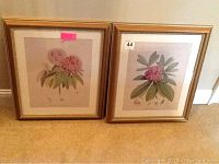 Two framed floral prints leaning against a wall, showcasing their size and appearance together.