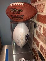 Full view of both footballs and display case; brown Wilson NFL ball atop clear acrylic case containing white Penn State ball