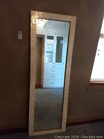 Full view of tall rectangular mirror showing its size and frame against wall