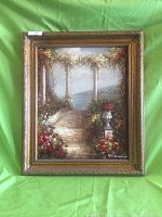 Full front view of the framed Mediterranean oil painting showing the artwork and detailed composition.