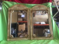 Full view of the pair of hand painted mirrors with green backdrop showing size and shape.