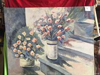 Full view of the large gallery wrap oil painting showing two floral arrangements on stone steps, set against a red background.