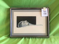 Framed monochromatic portrait artwork by Guillermo Zuniga laid flat on green background showing full front view, includes frame and matting.