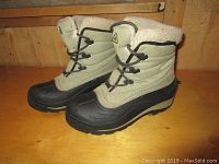 Pair of Columbia winter boots shown side view, highlighting overall shape, materials, and condition.