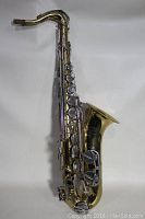 Full view of saxophone upright, showing body and bell