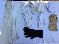 Full layout of all ten pairs of gloves showing variety of colors, lengths and condition