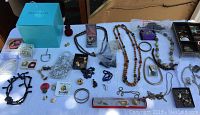 Full display of assorted jewelry items on white surface, including bead necklaces, pins, earrings, bracelets, and a Tiffany & Co. box