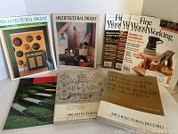 Eight architectural and woodworking magazines showing various covers and spines, including Fine Woodworking, Architectural Digest, Architectural Record, and Landscape Architecture.