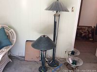 Pair of matching lamps, floor and table, placed on carpet with cords visible