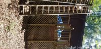 Two aluminum extension ladders leaning against a wooden lattice structure outdoors. The ladders are fully extended and appear to be 24 feet long.