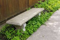 Side view of rectangular concrete garden bench with decorative carved base and circular edge pattern, placed outdoors on greenery beside a wooden fence