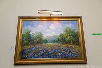 Full view of framed landscape painting with overhead light