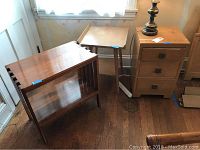 Photo of three small wooden tables: MCM bedside with drawers, square small table, and rectangular home made side table, showing condition and wear.