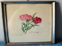 Full framed watercolor painting showing three carnations, signed and lightly aged.