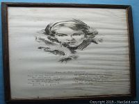 Framed black and white portrait sketch of a woman with a poem titled 'Pal O My Heart' underneath, showing the full frame and image surface with visible aged paper texture.
