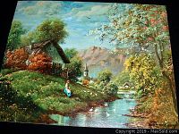 Print depicting a rural cottage by a pond with a woman sitting nearby, featuring blossoming trees and distant mountains.