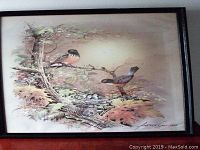 Full front view of framed painting showing two robins on a tree branch and the nest below, signed Andres Orpinas.