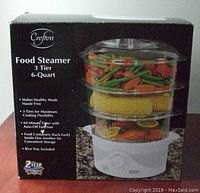 Box front showing Crofton Food Steamer image with 3 tiers and 6-quart capacity.