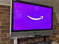 Front view of the Panasonic plasma TV displaying Amazon logo, showing the screen and front panel including control buttons and branding.