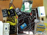 Overview photo showing solar charge controller, Zone IP cameras, door knobs, wires, Philips LED bulbs, and mahogany wood veneer pack.