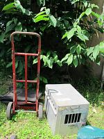 Photo of red metal hand dolly and silver airborne animal crate carrier placed on grass outdoors near green foliage.