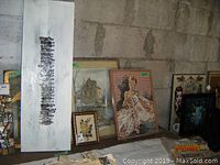 Signed abstract painting on board approx 30x10 showing group of people in line in neutral tones