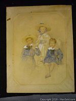 Front view of antique watercolour painting depicting three children in period dress and straw hats on light toned paper with visible age marks.