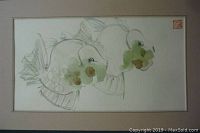 Full view of watercolor painting showing the pair of goldfish and artist's seal in the upper right corner with matting.