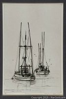 Full view of framed etching showing two fishing boats on water with birds flying around, mat and frame visible.