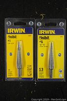 Front view of two Irwin Unibit packaged step drills showing sizes and packaging condition.