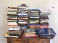 Wide view of the entire stack of books focusing on Taoism, Buddhism, and world history arranged on a wooden cabinet.