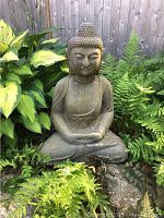 Full frontal view of seated Buddha statue in garden with surrounding hostas, ferns, rock base, wooden fence background