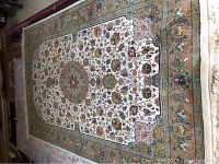 Full view of the area rug showing the floral medallion central pattern and border design