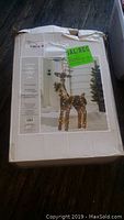 Box showing image and description of 4ft 3D Rattan Glitter Deer decoration, pre-lit with 100 white LED lights.