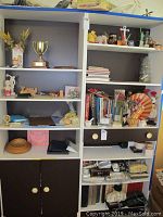 Wide view of shelving units displaying books, dolls, fans, phones, and various collectibles.