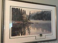 Framed scenic print showing forest and lake reflection in calm water.