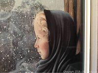 Close-up profile of the girl in the print showing her hooded cloak and blonde curls amid falling snowflakes.